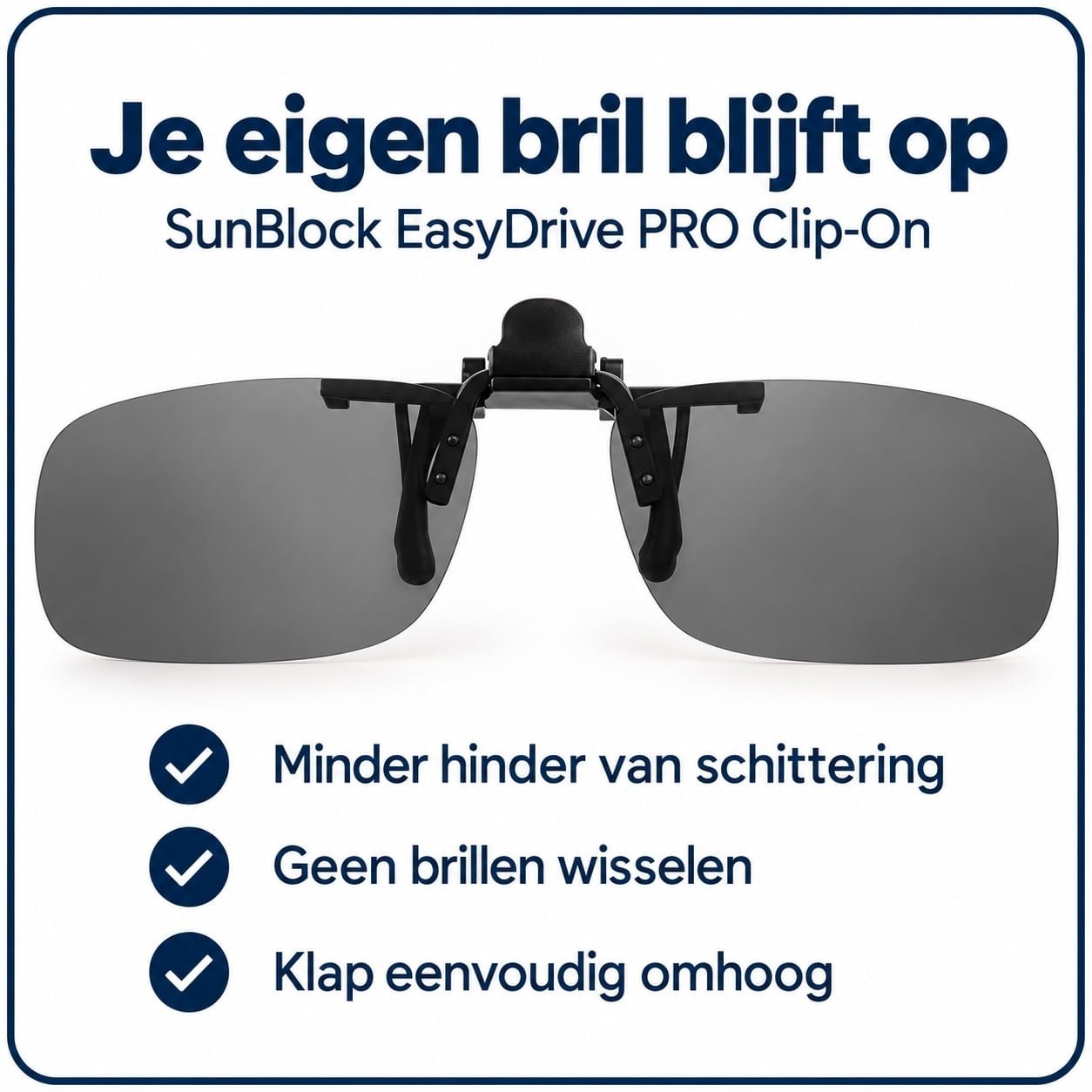 Voordelen van de Revex clip-on: minder schittering, je eigen bril blijft op en eenvoudig opklappen