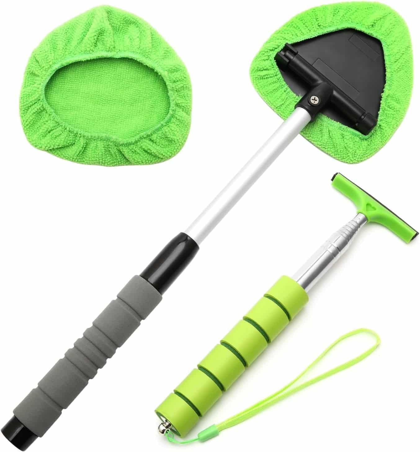 Groene autoruitenreiniger set met driehoekige microvezelborstel, spiegelwisser en reservehoes